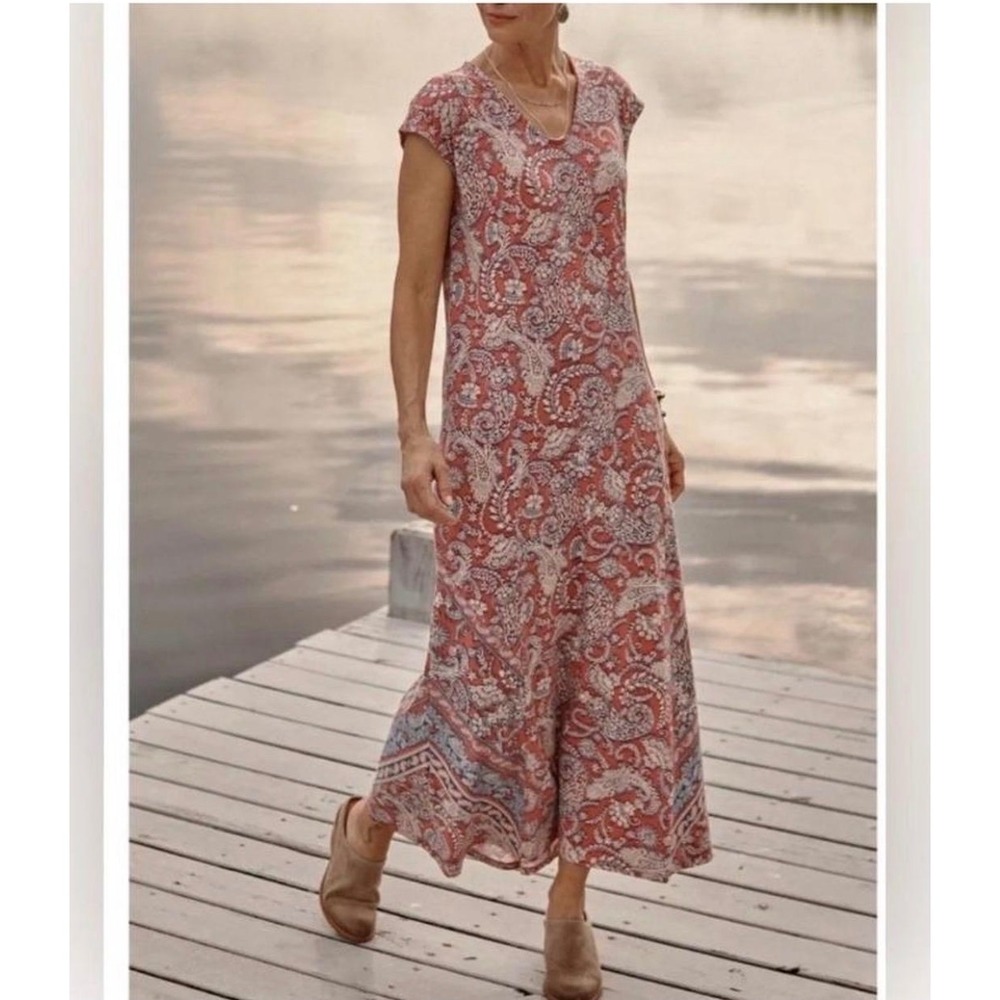 Pure Jill Cotton Maxi Dress Red Paisley Placed Border Short Sleeve M Artisan